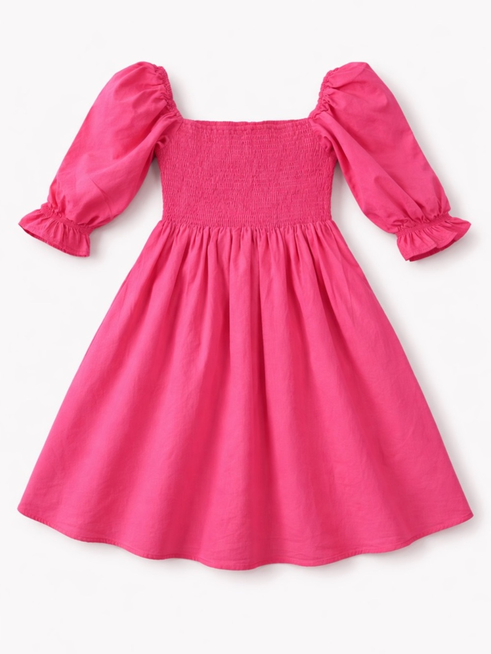 Girls' Smocked Puff-Sleeve Dress in Hot Pink